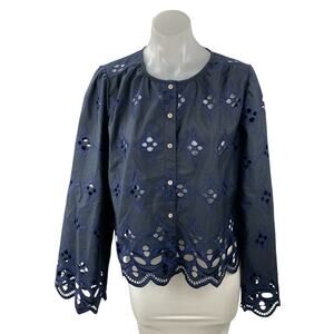 Aveloria Women's Navy Blue Geometric Eyelet Embroidery Button Up Blouse Top Sz L